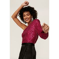 Pink sequins (92% Polyester, 8% Spandex). Top. One-shoulder neckline. Long sleeves. Pull-on. 24" from shoulder to hemline. Imported. Pink Sequin Top, Spandex Top, Rent The Runway, Closet Designs, Pink Sequin, Over The Moon, Sequin Top, Trina Turk, One Shoulder Blouse