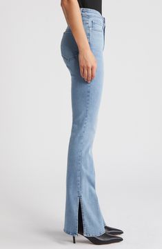 Inspired by London street style, these high-waist jeans feature soft stretch denim and split, kicked-out bootcut hems to balance the curve-hugging fit. 33" inseam; 18" leg opening; 10 1/2" front rise Zip fly with button closure Five-pocket style 90% cotton, 6% elastomultiester, 4% elastane Machine wash, dry flat Imported Hem Bootcut Jeans, Leggings And Socks, Leather Decor, Concert Looks, Outfits 2023, London Street Style, London Street, Waist Jeans, Short Rompers