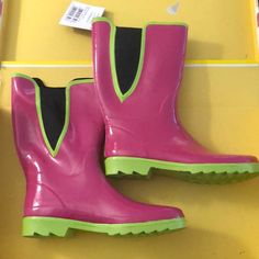 Pink And Green Ranger Puddleton Rubber Rain Boots. 12” Tall With 1” Heel And Side Stretch Panel At Calf For Comfort. Rain/Muck Boots That Are A Lot Looser Around The Calf Than Hunters. Casual Pink Boots For Rainy Weather, Waterproof Pink Boots For Rainy Season, Pink Waterproof Boots For Rainy Season, Pink Casual Weatherproof Rain Boots, Casual Pink Weatherproof Rain Boots, Pink Waterproof Spring Boots, Pink Casual Rain Boots For Rainy Season, Pink Rain Boots For Spring, Casual Pink Rain Boots For Rainy Season