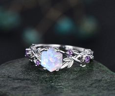 Twig Opal Ring Vintage Hexagon Cut White Opal Engagement Ring - Etsy White Amethyst Promise Ring, White Amethyst Ring For Promise, White Opal Engagement Ring, Cute Promise Rings, Opal Ring Vintage, October Birthstone Ring, Pretty Engagement Rings, October Birthstone Rings, Cute Engagement Rings