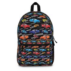 Hello, and welcome to my shop! 😄 This black colorful race cars pattern design is perfect for school, travel, or books and supplies or give it as a gift for that special person or student in your life. Do you got room for all that? With our roomy and durable backpack, you will! This bag is made from spun polyester and weights 1.3 lbs, just enough to be light, strong and long-lasting. Product Details ☞ 100% Polyester ☞ Lightweight and waterproof ☞ Adjustable shoulder straps ☞ Padded back Padded mesh back panel and straps for extra comfort, breathability and easy carrying More Features ☞ Custom name tag sewn inside/ Zipper closure The bag has three spacious main pockets with durable zipper closures for easy access and safe storing ☞ Many compartments A total of 4 compartments - 1 main zip po Casual Multicolor Backpack For School Events, Black Bag For School Events And Back To School, Durable Backpack, Car Bag, School Backpack, Soft Bristle Brush, Support Small Business, Kids Backpacks, Black Bag