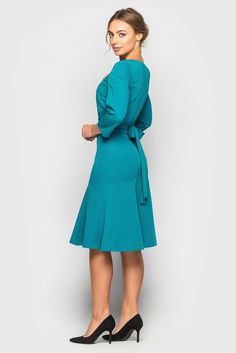 "Green deep neck mermaid cocktail dress is perfect for special occasion. This perfect cocktail dress is made of high quality viscose fabric/ It will ensure you make an unforgettable impression! - Mermaid skirt - Deep neck - Knee length (midi) - Fitted silhouette - 3/4 sleeves - Belted Estimated shipping time: 10-12 business days. Fiber: 55 % viscose, 41% polyamide, 4 % spandex, lining in bodice: 95% viscose, 5% elastane Color: black For size S: length- 40,5\" (103cm) sleeve length 17\" (44 cm) O Fitted Ruched Knee-length V-neck Dress, Stretch Midi Wedding Dress, Stretch Midi Dress For Wedding, Fitted V-neck Mermaid Evening Dress, V-neck Mermaid Dress For Evening, Elegant Stretch Midi Dress For Wedding, Blue Fitted V-neck Dress For Wedding, Bodycon Mid-length Dress For Party, Elegant Evening Mini Dress With Mermaid Hem