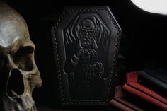 "Card holder \"Nosferatu\". Coffin wallet. This card-holder is made for credit card (3-4 pcs.) and for banknotes folded in half. Availiable in: -red -brown -black -orange-red Also you can choose buttons color: -gold -silver -black Size: 12.5 x 9.5 cm Made with pure heart and good thoughts Please message me if you have any questions." Vintage Black Trifold Wallet For Gifting, Vintage Black Trifold Wallet As Gift, Vintage Black Trifold Wallet As A Gift, Coffin Wallet, Pure Heart, Cards For Boyfriend, Card Holder Leather, Bank Notes, Good Thoughts