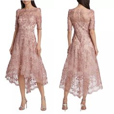 New Teri Jon Lace High-Low Dress Pink Beaded Embroidered Short Sleeves Midi Cocktail Sz 8 New With Tags Measures Approximately When Flat: Armpit To Armpit: 17" Shoulder To Hem: 44" On Front, 55" On Back Waist: 15" Bateau Neck Elbow Sleeves Allover Lace A-Line Silhouette Back Zip Closure Sheer High/Low Hem Lined 100% Polyester Dry Clean Elegant Embroidered A-line Evening Dress, Spring Formal Embroidered Evening Dress, Elegant Embroidered Midi Dress For Evening, Spring Formal Embellished Lace Dress, Elegant Embroidered Midi Dress For Cocktail, Elegant Embroidered Midi Dress For Formal Occasions, Spring Embellished Lace Mother Of The Bride Dress, Elegant Formal Embroidered Midi Dress, Elegant Pink Embroidered Dress With Intricate Design