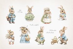 some very cute little rabbits in different outfits