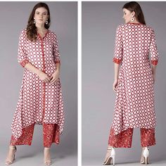 Medium Bust: 39" Waist: 36" Hip:44" Large Bust: 41" Waist: 39" Hip:46" X-Large Bust: 43" Waist: 41" Hip:48" White And Mauve A-Line Calf Length Kurta, Has A Round Neck, Button Closure, Three-Quarter Sleeves, Dipped Hem Orange Printed Palazzos, Drawstring Closure, Elasticated Waist Band, Two Pockets Top Fabric: Rayon Bottom Fabric: Cotton Tags: Salwar Kameez Kurta Kurti Anarkali Music Festival Movies Date Night Out Birthday Party Holiday Concert Casual White Fitted Kurta, Fitted White Maxi Length Kurta, White Fitted Maxi Length Kurta, White Fitted Maxi Length Set, White Straight Kurta Set For Spring, White Fitted Straight Kurta Set, Fitted White Printed Sets, Fitted White Rayon Dress, White Fitted Rayon Dress