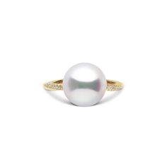 Pirouette Collection 10.0-11.0 mm White South Sea Pearl and Diamond Ring Yellow Gold front White Diamond Jewelry With Timeless Design, Elegant Formal Rings With High Luster, Elegant High Luster Rings For Formal Occasions, Classic Everyday Luxury White Rings, Refined White Diamond Ring For Formal Occasions, Elegant Oval Brilliant Cut Pearl Ring, Elegant Oval Pearl Ring With Brilliant Cut, Elegant Oval Akoya Pearl Rings, Elegant Akoya Pearl Oval Rings