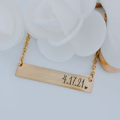 "Personalized Date Necklace Personalized Necklace Wedding Date Birthdate Date Engagement Date First Kiss Date Personalized Necklace for Her The perfect necklace to show off your wedding date, birthday or any special date It has a personalized date with a heart on it. So EASY to Order!! -Select your options from dropdown -Enter your personalization -Add to Cart Made of HIGH quality hypoallergenic stainless steel, it will not tarnish; turn skin green or rust. Engraved so it will look the same as t Gold Nameplate Jewelry For Wedding Gift, Personalized Gold Name Necklace For Wedding, Customizable Gold Name Necklace For Wedding, Mother's Day Wedding Gift Nameplate Necklace, Hand Stamped Nameplate Jewelry For Anniversary, Hand Stamped Nameplate Jewelry For Anniversary Gift, Stamped Jewelry For Valentine's Day Wedding, Custom Text Jewelry For Anniversary And Mother's Day, Personalized Name Necklace For Wedding On Valentine's Day