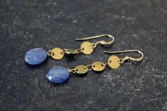 This earrings are made with blue kyanite oval beads, antique gold coin chain and 14K gold filled wire.  The beads hang on 14K gold filled ear wires and measure about 1.75 inches in length. Kyanite Jewelry: https://www.etsy.com/shop/PumpkinBeads?ref=seller-platform-mcnav&search_query=kyanite Shop: pumpkinbeads.etsy.com Kyanite Earrings, Kyanite Jewelry, Oval Beads, Blue Kyanite, Gold Coin, Earrings Blue, Gold Coins, Blue Earrings, Long Chain