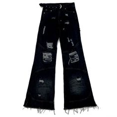 black cotton cut and sewn flared denim featuring custom distressing throughout the garment. chrome hardware including a buckle sewn into the waist band. sizes 28-40 available. *model is 6" wearing size 32 Flared Denim, Denim Jewelry, Chrome Hardware, Denim Flares, Instagram Shop, Waist Band, Short Pants, Black Cotton, Hoodie Shirt