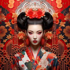 Looking for dramatic Japanese wall art?  This fine art print depicts a stunning Japanese lady, Miss Chei, wearing a beautiful multi coloured floral kimono. Her gorgeous hair and face are framed with the clever placement of background components, forming a halo effect.  Her complexion is so flawless, it glows!  Created with beautiful contrasting colours and a floral background, this artwork is sure to add colour and interest to any wall of your home.  Place it where you want a dramatic pop of col Modern Geisha, Geisha Makeup, Lady Art, Modern Asian, Contrasting Colours, Japanese Wall Art, Japanese Decor, Japanese Wall, Asian Inspired