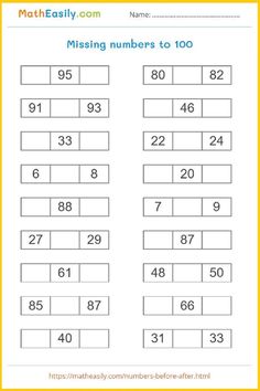 the missing numbers to 100 worksheet is shown in yellow and white, with an orange border