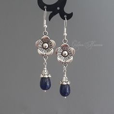 "Lapis Lazuli Earrings Long Dangle flower Dark blue stone earrings lapis dangles handmade jewelry gift tibetan silver 925 sterling silver Length approx. 62mm (2 3/8\")  Width approx. 15mm (5/8\") Accepted payments:  1)-PayPal,  2)-Credit/Debit Card through PayPal   HOW TO PAY WITH CREDIT CARD THROUGH PAYPAL:  1)Click \"Check out with PayPal\" ( even if you don't have PayPal account).  2)Choose \"Pay with Credit/Debit Card. You can do it in guest mode without owning/creating a PayPal account. If Bohemian Lapis Lazuli Teardrop Jewelry, Handmade Blue Sterling Silver Flower Earrings, Bohemian Lapis Lazuli Earrings, Elegant Silver Dangle Jewelry, Bohemian Sterling Silver Dangle Flower Earrings, Pierced Lapis Lazuli Dangle Jewelry, Elegant Lapis Lazuli Dangle Jewelry, Nickel-free Blue Sterling Silver Flower Earrings, Handmade Sapphire Dangle Jewelry