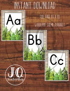 three printable alphabets with trees on them