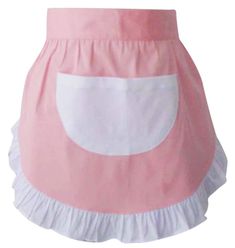 a pink and white apron with ruffles on the bottom, in front of a white background