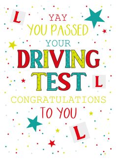 congratulations card for driving test students with stars and confetti on the bottom,