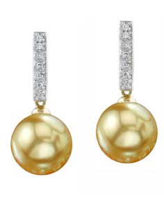 These exquisite pearl earrings are a favorite at The Pearl Source for their romantic look. These gorgeous 14K yellow gold pearl earrings have two beautiful golden South Sea pearls with excellent luster. Two gorgeous pieces with 7 sparkling diamonds on each earring adorn this romantic piece, which exhibits the finest color and quality in Golden South Sea pearls. Matching pendant is also available to complement these gorgeous pearl earrings. If you have any questions, feel free to call us anytime Exquisite Gold Diamond Pearl Earrings, Elegant Yellow Diamond Earrings With Accents, Elegant Yellow Diamond Earrings With Diamond Accents, Yellow Gold Diamond Pearl Earrings With High Luster, Exquisite Gold Pearl Earrings With Diamond Accents, Formal Gold Pearl Earrings With Diamond Accents, Gold Pearl Earrings With Diamond Accents For Formal Occasions, Elegant Yellow Diamond Earrings For Formal Occasions, Gold Pearl Earrings With Diamond Accents