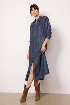 A seamed yoke brings Western style to this chambray shirt dress by Cloth & Stone, featuring a midi silhouette with a front button closure, vertical front seams, and long sleeves. Add a belt and booties for the perfect fall look. | CLOTH AND STONE Women's Western Yoke Shirt Dress, Size XL, Blue Denim Blue Button-up Workwear Dress, Denim Blue Button-up Dress For Work, Workwear Denim Dress With Button Closure, Chic Denim Blue Shirt Dress For Work, Spring Denim Blue Shirt Dress For Work, Fall Denim Blue Shirt Dress For Work, Denim Button-up Midi Dress For Work, Relaxed Fit Button-up Midi Dress, Denim Blue Shirt Dress For Workwear In Fall