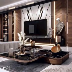 a modern living room with marble and wood accents, including a large television on the wall