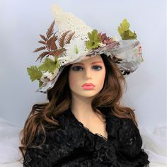 "You can certainly wear this white Raffia straw witch hat all year, but it is specifically designed with Spring and Summer in mind! I chose to make this from Raffia so it would be airy and lightweight, but still shapeable. Firm enough to stand on its own with that classic shape and a sheer floral fabric vinyl brim for shade. Airy enough to get through the heat and folds flat for travel. You can add ribbon ties through the holes in the hat or wear it as is. Some stretch so one size fits most. Hap White Brimmed Costume Hats And Headpieces For Festivals, White Brimmed Festival Costume Hats And Headpieces, Bohemian Straw Hat For Garden Party, White Wide Brim Costume Hat For Festival, Whimsical Spring Sun Hat, White Short Brim Festival Hats, White Short Brim Hat For Festival, White Wide Brim Festival Hat, Bohemian Straw Hat For Kentucky Derby Garden Party