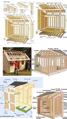 the plans for a small shed are shown in three different views, including one with windows and