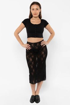 FNS301 - Floral Lace Pencil Skirt – Los Angeles Apparel Pencil Skirt Outfits Casual, Lace Long Sleeve Top, Black Lace Skirt, Women In Black, Midi Skirt Outfit, Pencil Skirt Outfits, 401k, Lace Midi Skirt, Lace Pencil Skirt