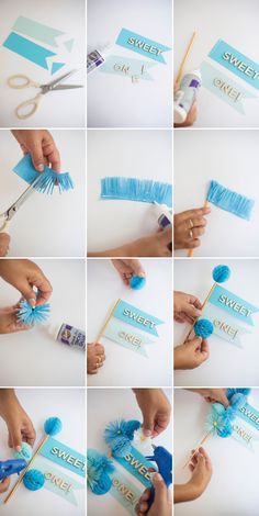 many pictures of someone using toothbrushes to decorate their name tags on the wall