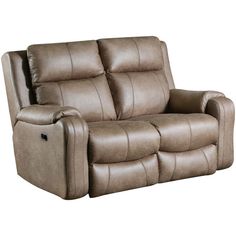 the reclining loveseat has two seats and is made out of brown leather