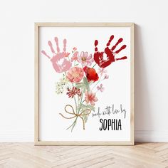 Flower Handprint Craft | Valentine Handprint Art | Ollie + Hank Handprint Art Flowers, Grandparents Crafts For Preschoolers, Handprint Painting Ideas, Art For Grandparents, Baby Handprint Gifts, Valentine Handprint Art, Family Handprint Art, Valentine Handprint, Learning Colors Preschool