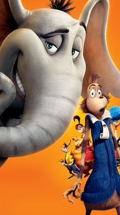 an elephant is standing next to a woman in front of other characters from the movie horton and friends