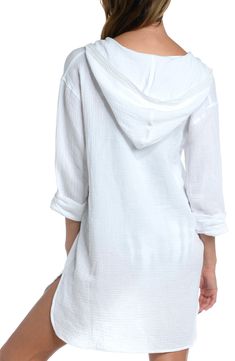 Hooded Beach Tops For Spring, Long Sleeve Cover-up For Warm Weather In Spring, Long Sleeve Cover-up For Spring Warm Weather, Summer Hooded Loungewear Tops, Hooded Top For Summer Loungewear, White Summer Top With Drawstring Hood, Cotton Hooded Top For Vacation, Hooded Cotton Top For Vacation, White Drawstring Hooded Top For Summer