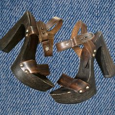 Rare and stunning "Replay" wood heels sandals from the end of the 90's/00s. a real unique and well-made piece of an era. Leather party clogs with a beautiful wooden look and fun decorative ankle closures.  straps are made of genuine leather, curvy heels are made from fine wood and rubber soles Made in Italy.  Size: 36 EU. Heel:  12 cm /4.7"  The sandals are in good used vintage condition, but there are some signs of wear and age, It looks like they had some fun :) but there is still such chic we Vintage High Heel Platform Clogs, High Heel Wooden Platform Clogs, Vintage Summer Clogs With Block Heel, Wooden Clogs With Open Heel, Wooden Round Toe Heels With Stacked Heel, Open Toe Wooden Clogs With Wooden Heel, Wooden Open Toe Mules With Wooden Heel, Open Toe Wood Mules With Wooden Heel, Closed Toe Heels With Wooden Heel