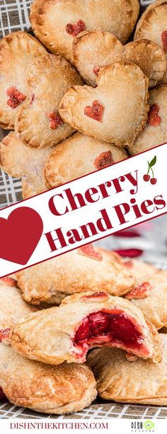 cherry hand pies stacked on top of each other with the title overlay reading cherry hand pies