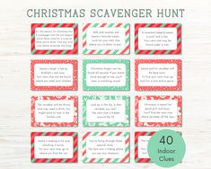 christmas scavenger hunt with red and green striped labels on white wood background for kids