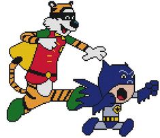 This is a Calvin & Hobbes playing as Batman and Robin from the 60's Television Show! Burt Ward and Adam West were Batman and Robin.
This pattern comes printed on 2 pages which is 13 squares printed per inch of paper.
This pattern is 142 X 122 Stitches (Squares)
This pattern uses only 10 colors.