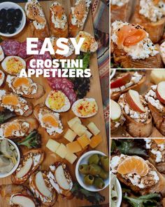 several different types of appetizers are arranged on a cutting board with the words easy crostini appetizers