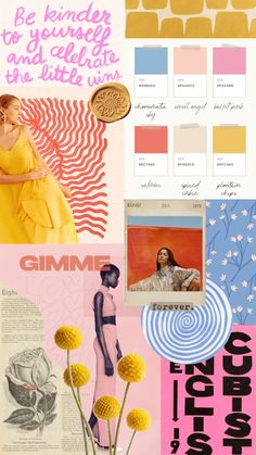 a collage with various images and text on it, including flowers, an image of a woman in a yellow dress