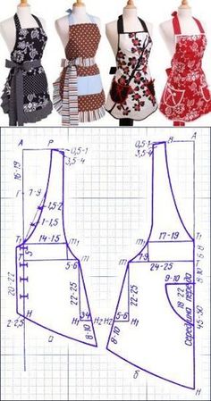 four aprons with different patterns on them and measurements for each one in the image