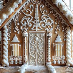 a gingerbread house is decorated with white icing