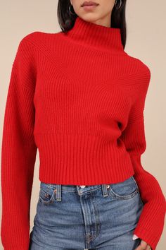 We can't wait to cuddle up with a hot drink and that special someone in the Lulus Snuggly Days Red Cropped Mock Neck Sweater! Soft knit shapes wide arms with drop shoulders that frame a bodice with a mock neckline and angled ribbed detailing. Wide ribbed band completes the cropped hem, for a perfect fit. Fit: This garment fits true to size. Length: Size medium measures 18.75" from shoulder to hem. Bust: Great for any cup size. Waist: Not Fitted - comfortable room throughout midsection. Undergarments: May be worn with any standard bra. Fabric: Fabric is very stretchy. Unlined. 100% Polyester. Hand Wash Cold. Do Not Bleach. Line Dry. Iron Low Heat. Imported. Lulus | Snuggly Days Red Cropped Mock Neck Sweater | Size Small | 100% Polyester.