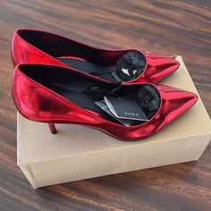 Brand New With Tags And In Box. Never Worn. Eur 37/Us 6.5 Chic Red Court Shoes For Parties, Red Court Shoes With Branded Heel For Parties, Red Zara Heels For Party, Zara Red Formal Heels, Zara Red Round Toe Heels, Mid Heel Shoes, Shoes Brand, Zara Shoes, Heels Shoes