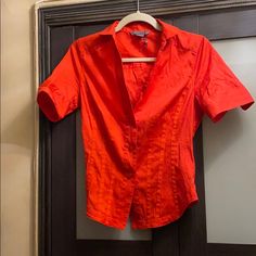 Armani Exchange Blouse Sexy Reddish Color Size Small New Without Tags Button Shirt Women, Cheap Orange Button-up Blouse, Vibrant Orange V-neck Top, Orange Button-up Shirt With Pockets, Red Blouse, Black Vest, Button Front Shirt, Armani Exchange, Button Shirt