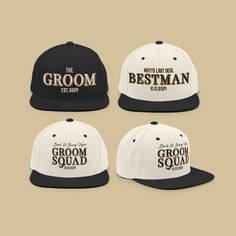 three hats with the words groom, best man and groom's squad printed on them