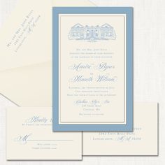 the wedding stationery is shown in blue and white, with an elegant house on it