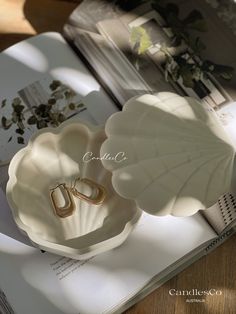 an open book with two gold rings on top of it next to a seashell