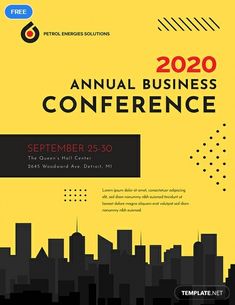 the annual business conference flyer is shown in black and yellow with an image of a city skyline