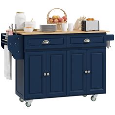 a blue kitchen island cart with food on it