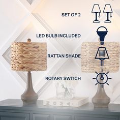 two lamps sitting on top of a table next to each other with different types of lights