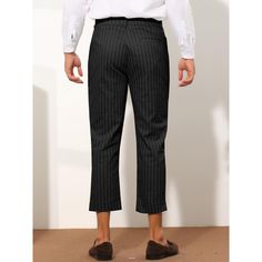 Lars Amadeus striped dress pants for men offer a slim fit and flat front design, perfect for a polished office look. These cropped ankle-length trousers feature a button closure and tapered tailoring, made from lightweight fabric for all-day comfort. The slim fit through the thigh and tapered leg hem highlight your figure, making them suitable for various occasions such as work, business meetings, parties, and family gatherings. Business Pants With Vertical Stripes And Straight Leg, Pinstripe Tapered Leg Business Casual Pants, Business Straight Pants With Vertical Stripes, Business Pants With Vertical Stripes, Black Business Casual Pants With Vertical Stripes, Business Casual Black Pants With Vertical Stripes, Straight Leg Pants With Vertical Stripes For Business, Black Pants With Vertical Stripes For Business Casual, Black Vertical Stripe Pants For Business Casual