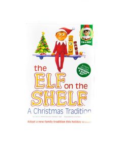 the elf on the shelf book with an image of a christmas tree and santa claus